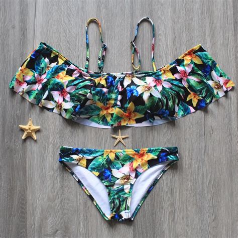 Melphieer Ruffle Shoulder Bikini 2018 Biquini Floral Swimwear Print Swimsuit Bandage Bathing