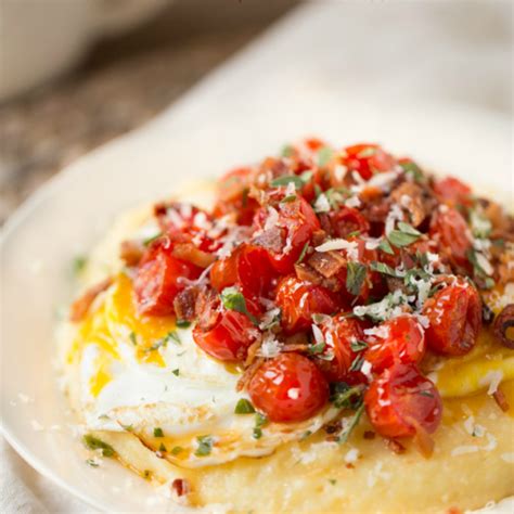 Breakfast Polenta With Roasted Tomatoes Eggs And Bacon This Gal Cooks