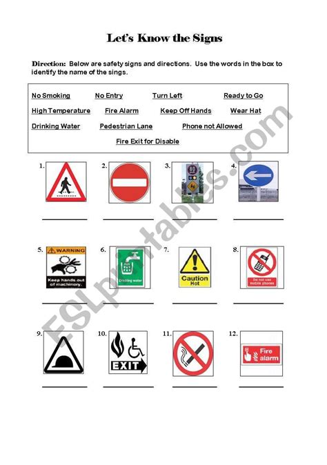 These free worksheets help students learn proper lab safety techniques, laboratory equipment, and their proper usage. Safety Signs - ESL worksheet by npberiones