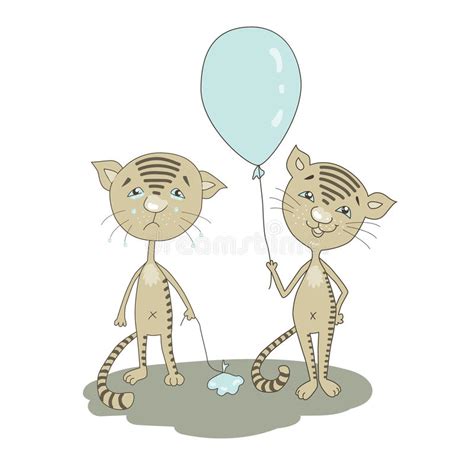 Cute Sad Cat Crying Smiling Cartoon Cat Standing With Balloon Stock