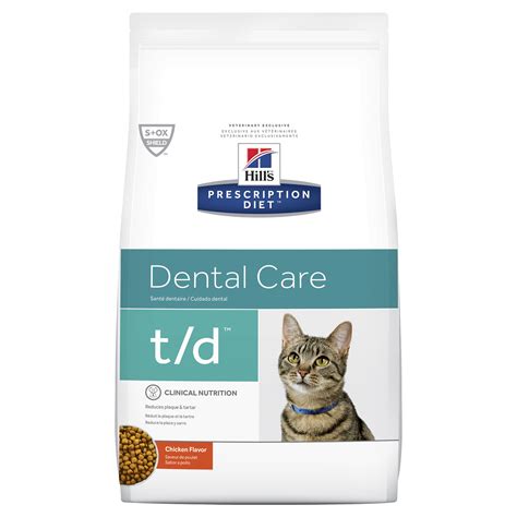 This dietetic pet food has a low level of phosphorus and a restricted level of protein of high quality. Hills Prescription Diet Feline T/D Dental Health Dry Cat Food