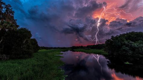 Reflection Grass Forest Florida Storm Clouds Trees Usa Nature