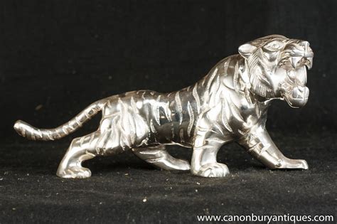 Art Deco Silver Plate Sabre Tooth Tiger Statue Casting Cats