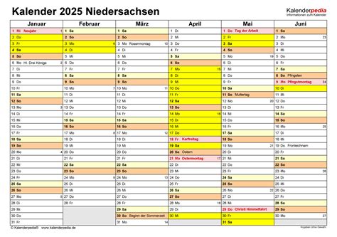 Kalender 2025 Niedersachsen Ferien Feiertage Excel Vorlagen