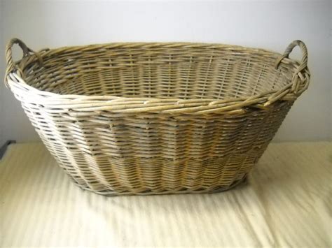 Vintage Wicker Rattan Laundry Basket Oval W Handles Large Wood Bottom