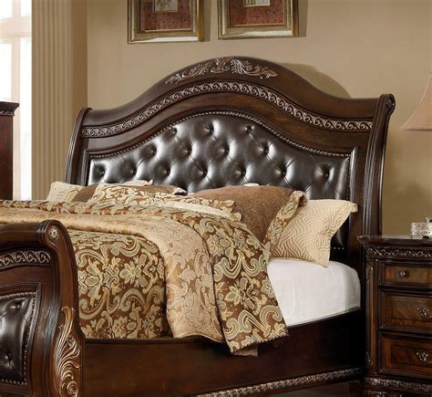 Dark Cherry Finish Leather Upholstery Sleigh King Bed Traditional