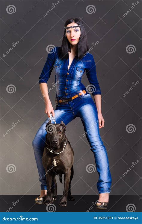 Beautiful Woman Standing Next To A Dog Stock Image Image Of Full