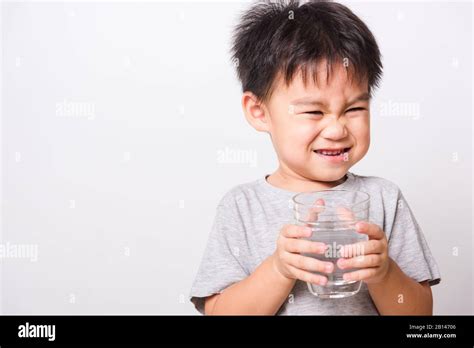 Closeup Asian Face Little Children Boy Drinking Water From Glass On