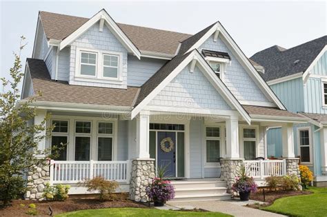 Beautiful New Pastel Country Home House Porch Exterior Stock Photo