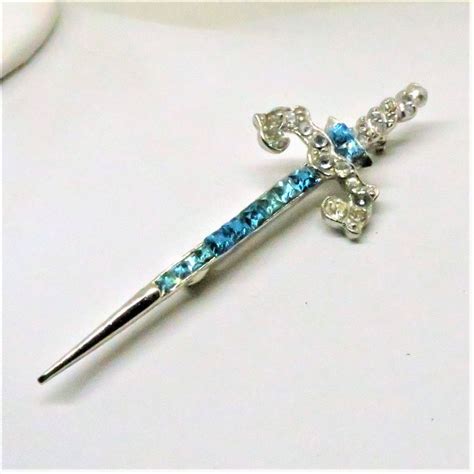 Sword Brooch Vintage Silver Tone Blue And Clear Etsy Vintage