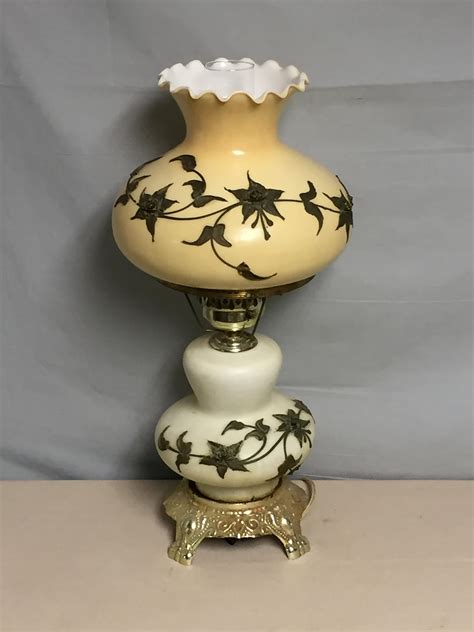 A Unique Vintage Electric Hurricane Table Lamp W Night Light And Embossed Brass Flowers Gone