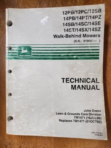 John Deere Tm1471 Technical Tech Manual 14pz 14sb 14sc 14se Walk Behind