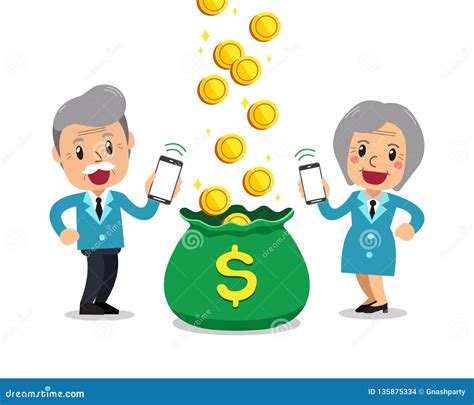 Cartoon Senior Business Man And Woman Earning Money With Smartphone