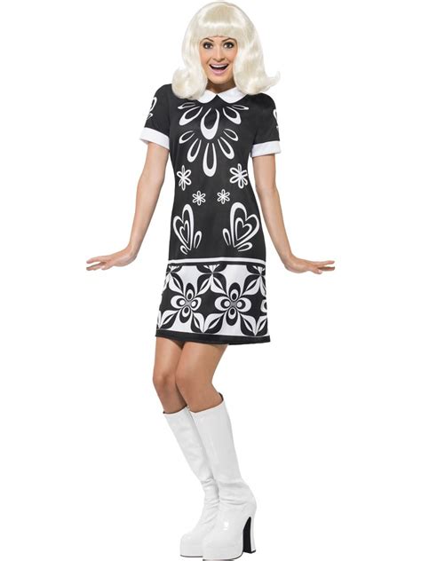 Ladies Black And White 1960s Retro Mod Shift Monochrome Missy Fancy Dress