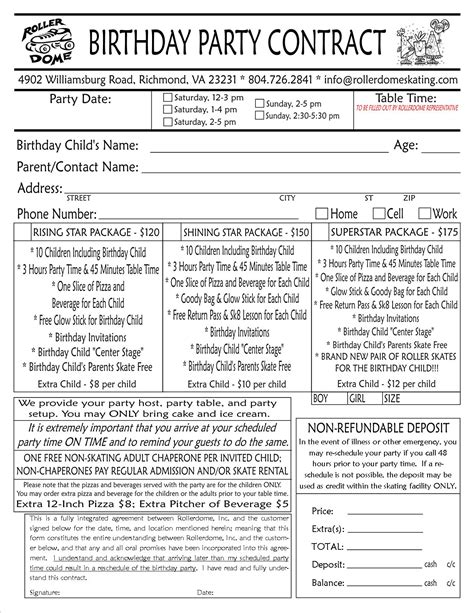 Birthday Party Contract Template
