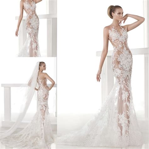 New Arrival Vogue Sheer See Through Lace Applique Tulle Dress Bride