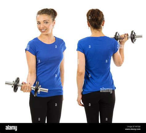 Slim Woman Wearing Blank Blue Shirt And Exercising Stock Photo Alamy