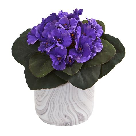 African Violet Artificial Plant In Marble Vase Set Of 2 8148 S2