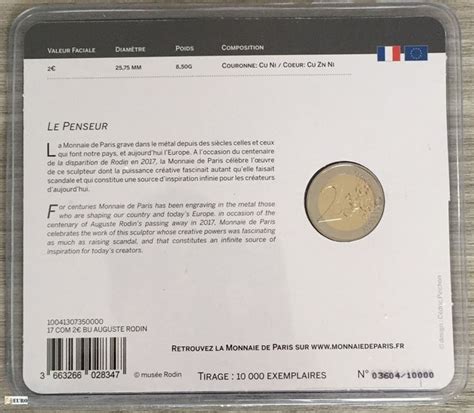 2 Euros Francia 2017 100 Años Muerte De Auguste Rodin Bu Fdc Coincard
