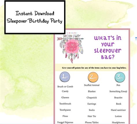 Girls Slumber Party Birthday Party Game Girls Sleepover Etsy In 2021 Girls Party Games