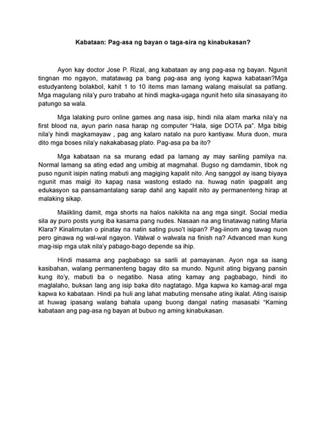 Kabataan Pag Asa Ng Bayan O Taga Sira Ng Kinabukasan Rizal Ang