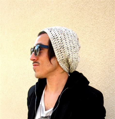 Mens Oatmeal Slouchy Hipster Crochet Hat Slouch Beenie