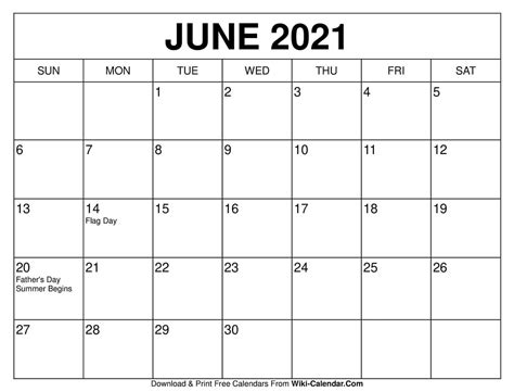 June 2021 Blank Calendar Free Resume Templates