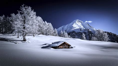 Snow Landscape Houses Mountains Forest Trees Winter Cold