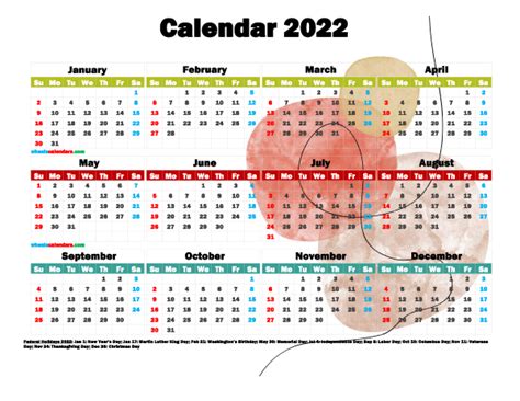 12 Printable Yearly 2022 Calendar With Holidays Watercolor Premium