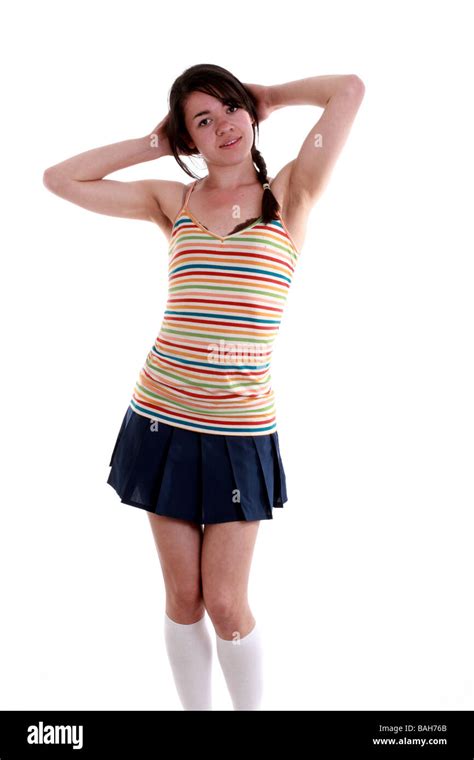 Teen Girl Doing Fashion Posing In A Short Skirt With Socks Stock