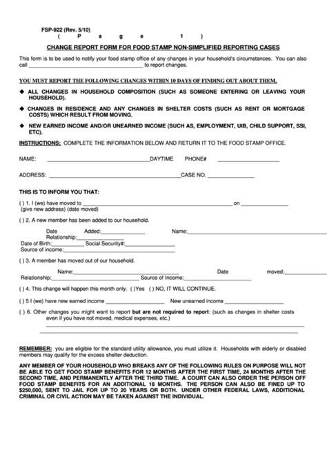 Two people can receive up to $367 a month, while five can receive up to $793 a month. Form Fsp-922 - Change Report Form For Food Stamp printable ...