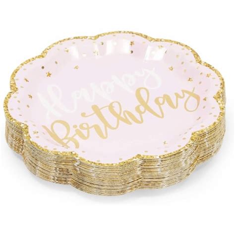 Pink Happy Birthday Party Plates With Gold Glitter Edges 9 In 48 Pack