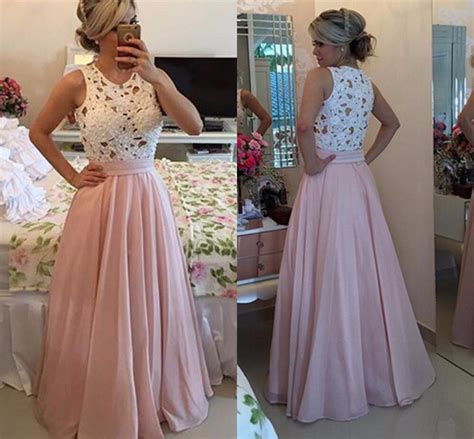 Custom Made 2017 White Lace Prom Dresses Pearls Pink Chiffon Floor