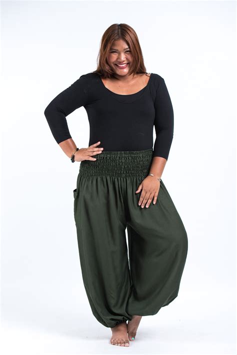 Plus Size Solid Color Womens Harem Pants In Dark Green