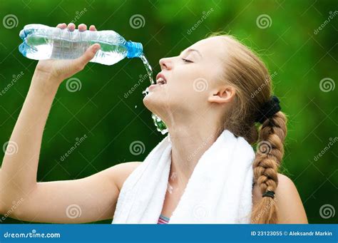 Woman Drinking Water After Exercise Stock Image Image Of Blue
