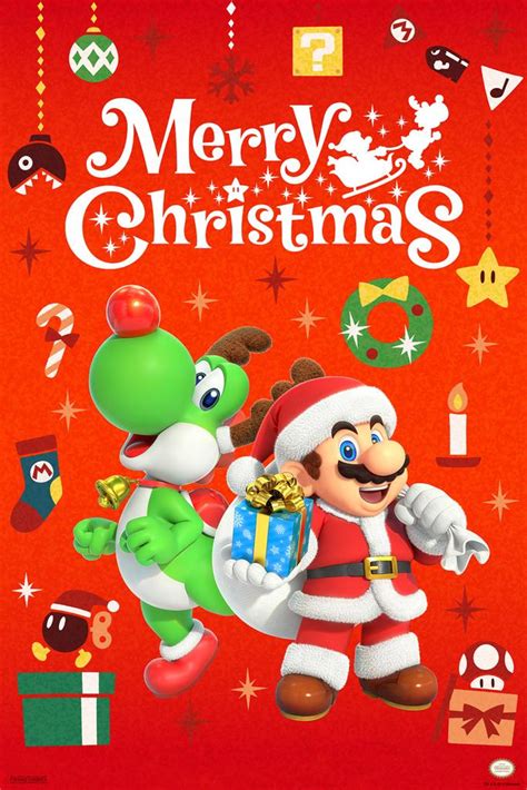 Laminated Merry Christmas Mario And Yoshi Nintendo Decoration Poster