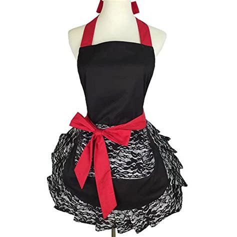flirty aprons for women girs with pocket black lace ruffle original apron retro sexy apron