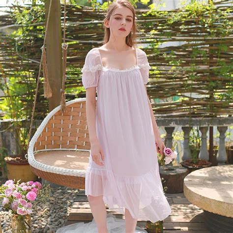 Victorian Vintage Summer Spring Short Sleeve Nightgown Sweet Princess Mesh Homewear Lace Soft