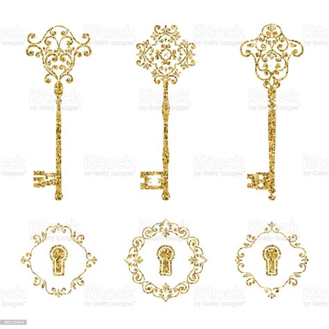 Golden Glitter Vintage Keys And Keyholes Set Vector Illustration Stock