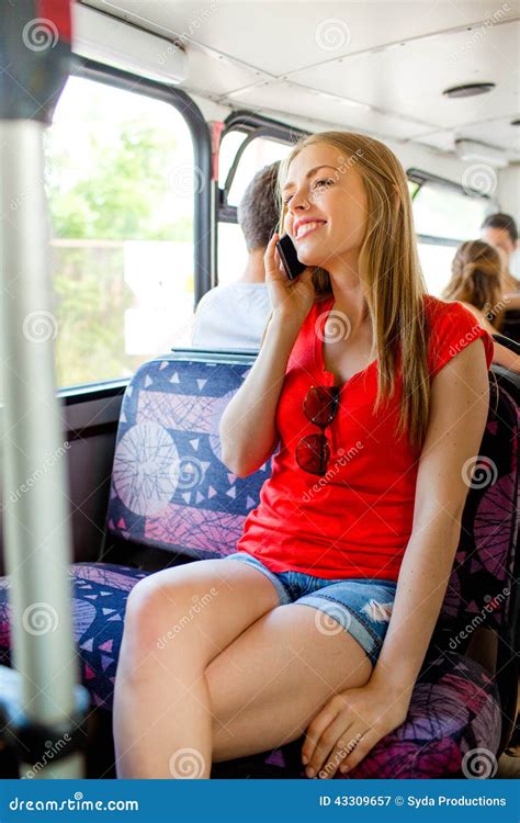Smiling Teenage Girl With Smartphone Going By Bus Stock Photo Image