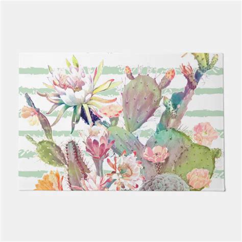 Watercolor Cactus Floral And Stripes Design Doormat Zazzle