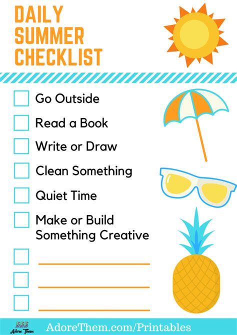 Daily Summer Checklist For Kids Free Printable Adore Them Parenting