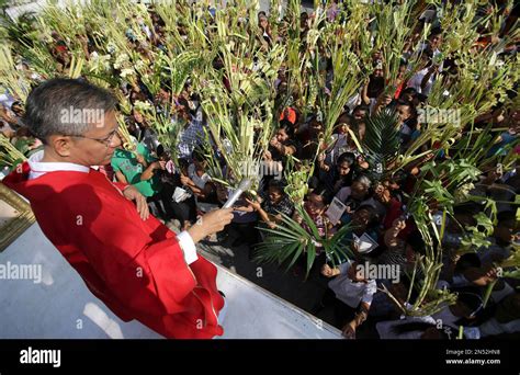 Filipino Priest Fr Romerico Prieto Sprinkles Holy Water On Palm Fronds