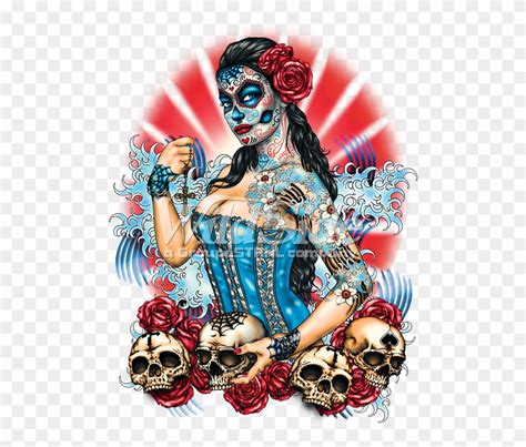 Day Of The Dead Pinup With Skulls And Roses Day Of The Dead Pinup