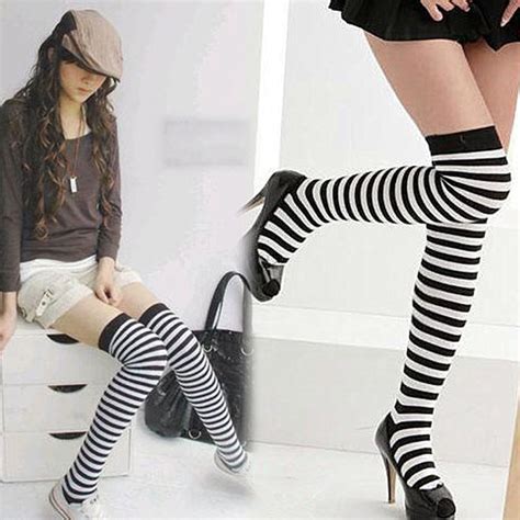 Zebra Print Novelty Black And White Stripe Socks Women Knee High Socks