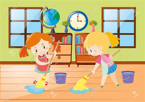 Cute kids doing housework cleaning house doing vector. girl cleaning room room clipart - Clipground