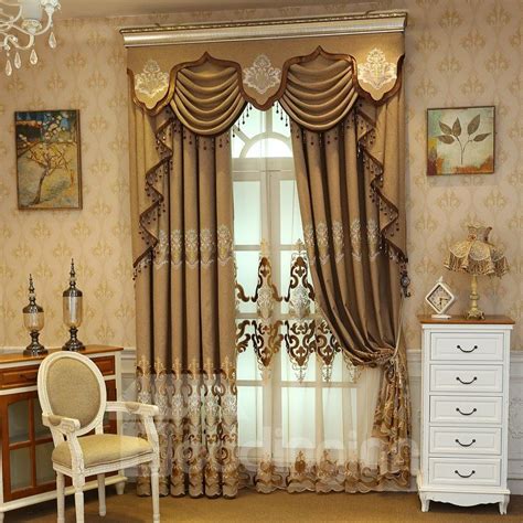Embroidery Floral Curtain Brown Royal Drapes 2 Panels For Living Room