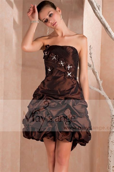 Short Strapless Brown Party Dress With Flowers