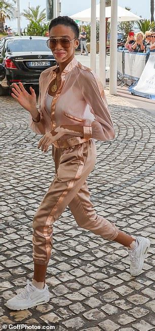 Winnie Harlow Puts On A Sporty Display In Metallic Nude Tracksuit At
