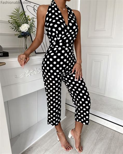Women Polkadot Print Halter Rompers Sexy Sleeveless Backless Lace Up